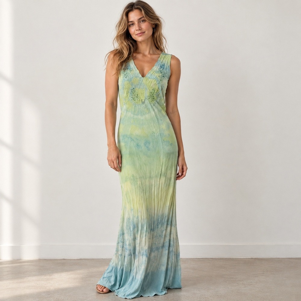 Vintage 80s Silk Tie Dye Slip Maxi Dress Small Bias Cut Fairy Ethereal Boho Y2K